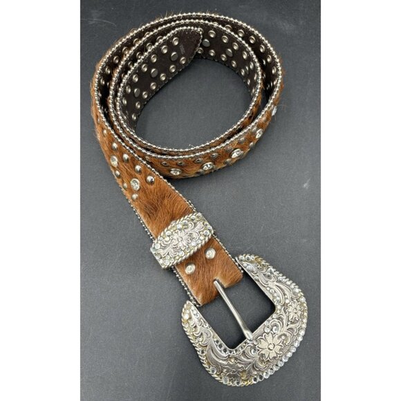 NOCONA Western Rhinestone Studded Cowgirl Hair on Hide Leather Belt N3442002 GUC - Picture 1 of 16